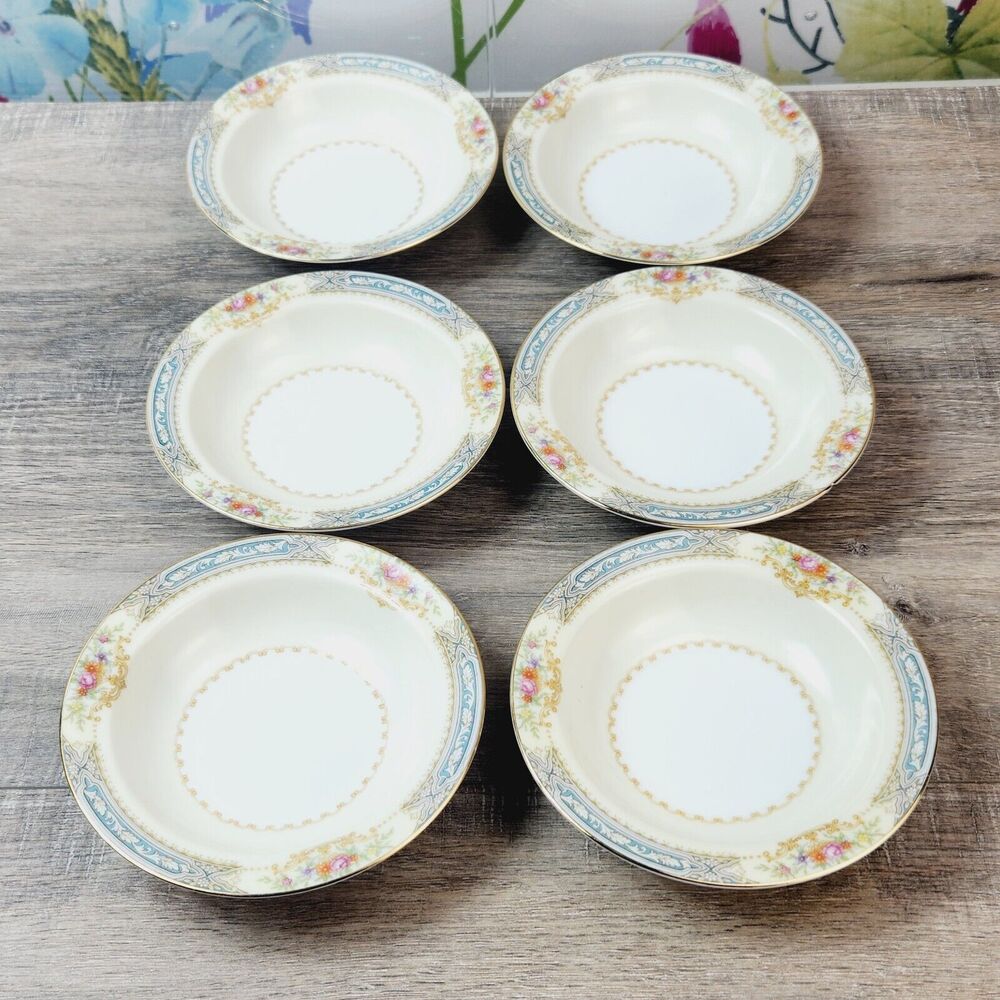 Noritake Rose China Annette 5 3/4"Fruit Dessert Bowls Gold Rim Lot Of 6 Vintage
